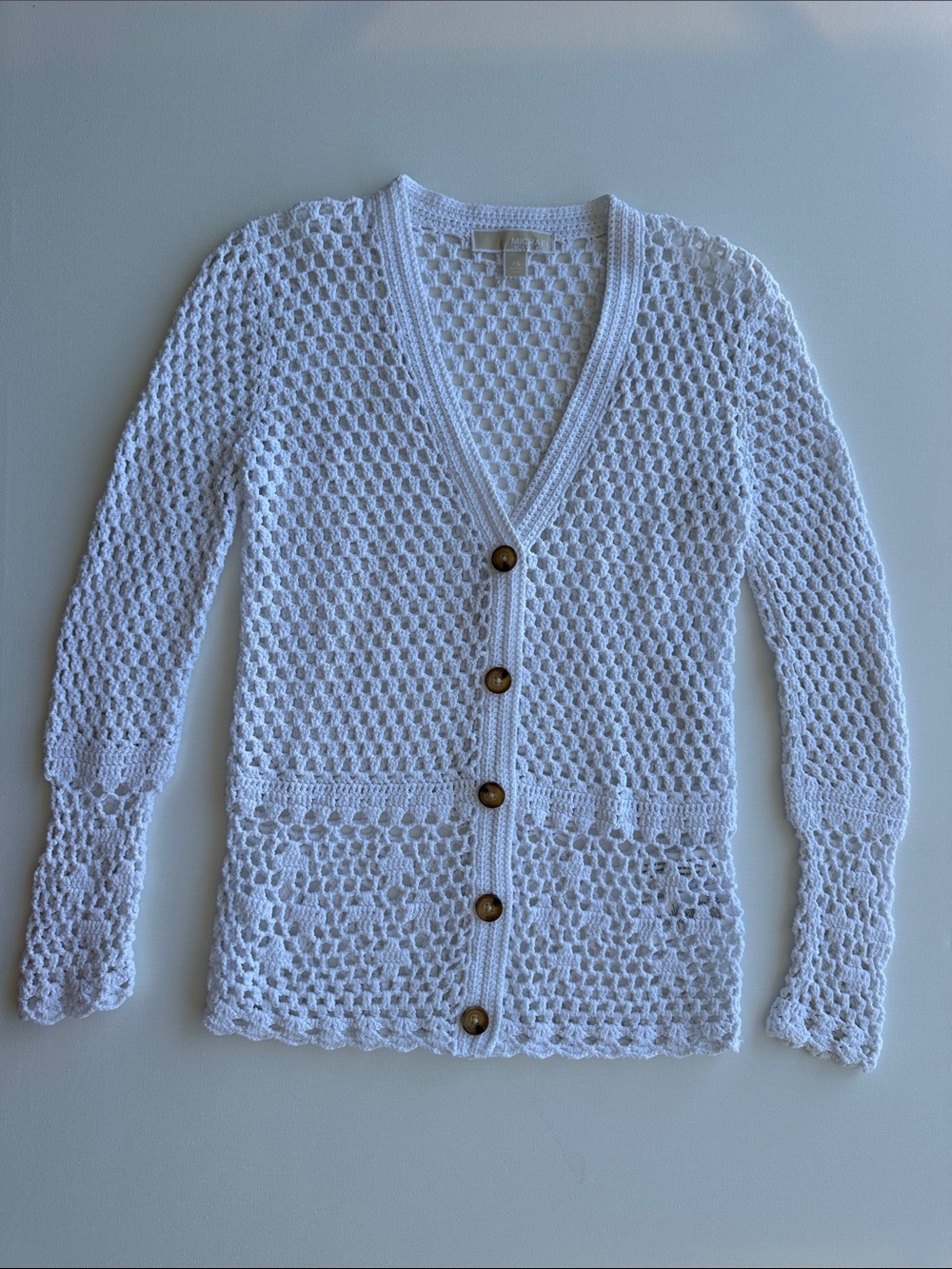 Michael Kors White Crochet V-Neck Button Cardigan